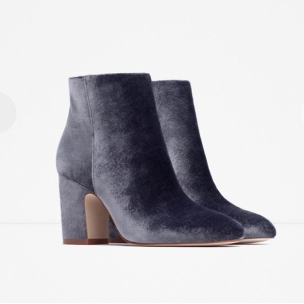 Zara grey velvet ankle mid chunk heel boots